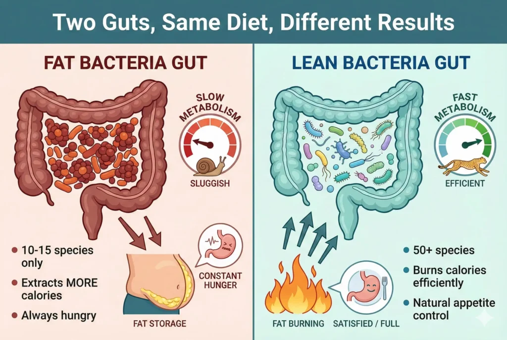 comparison showing fat bacteria versus lean bacteria in gut microbiome affecting weight