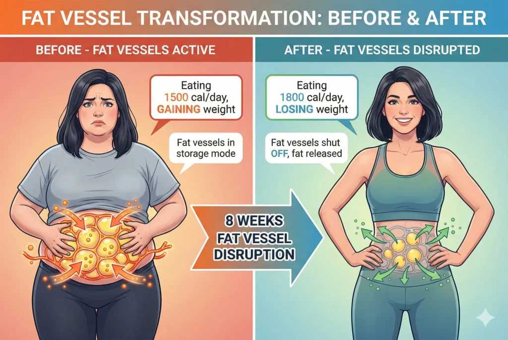 before and after showing woman with overactive fat vessels causing weight gain versus disrupted fat vessels enabling natural fat loss