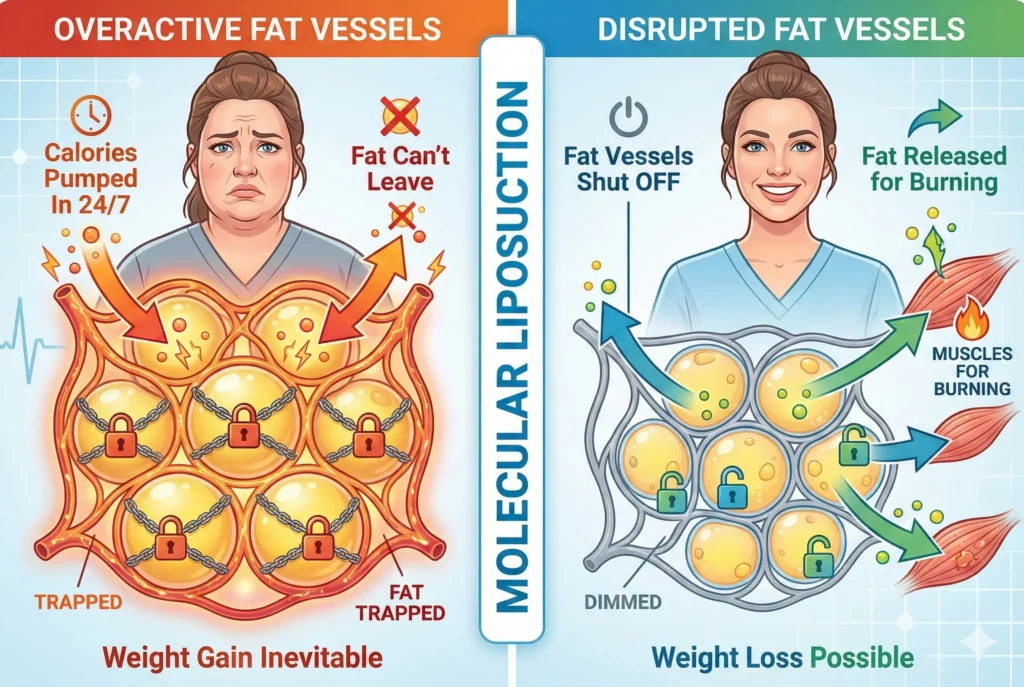 comparison showing woman with overactive fat vessels pumping calories into cells versus disrupted fat vessels allowing fat release