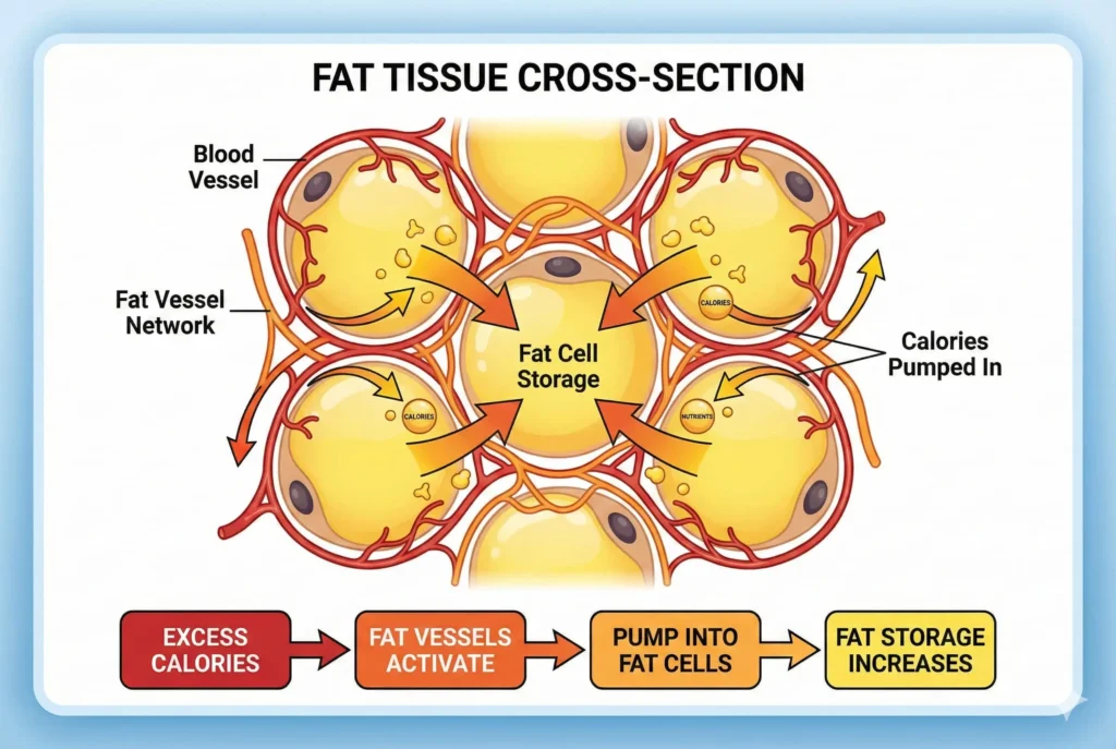 diagram showing fat vessels pumping excess calories into fat cells causing weight gain and fat storage