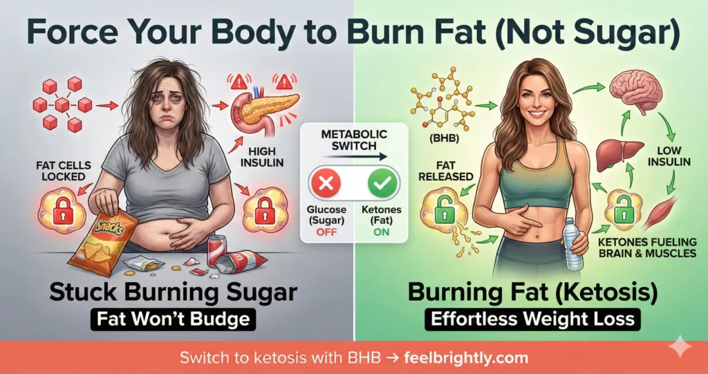 woman stuck burning sugar with locked fat versus woman in ketosis burning fat naturally with BHB ketones
