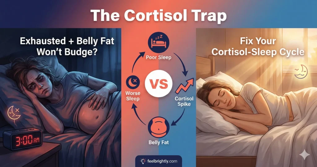 exhausted person with belly fat from high cortisol versus person sleeping well with flat belly showing cortisol-sleep cycle