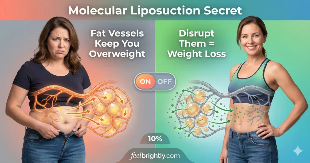 woman unable to lose weight from overactive fat vessels versus woman losing weight after disrupting fat vessel activity naturally