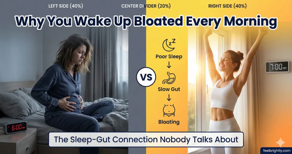 woman experiencing morning bloating from poor sleep versus woman with flat belly after good sleep showing gut health connection