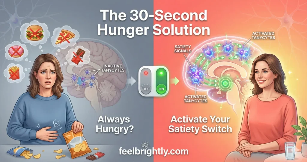 woman with constant hunger from inactive tanycytes versus satisfied woman with activated tanycyte satiety switch