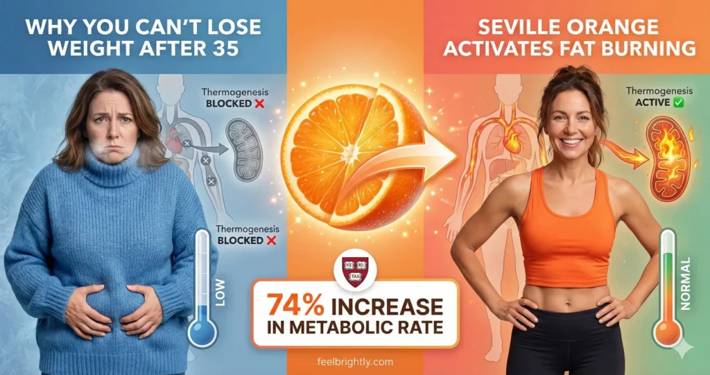 woman unable to lose weight from thermogenic resistance versus woman losing weight after activating thermogenesis with seville orange compound