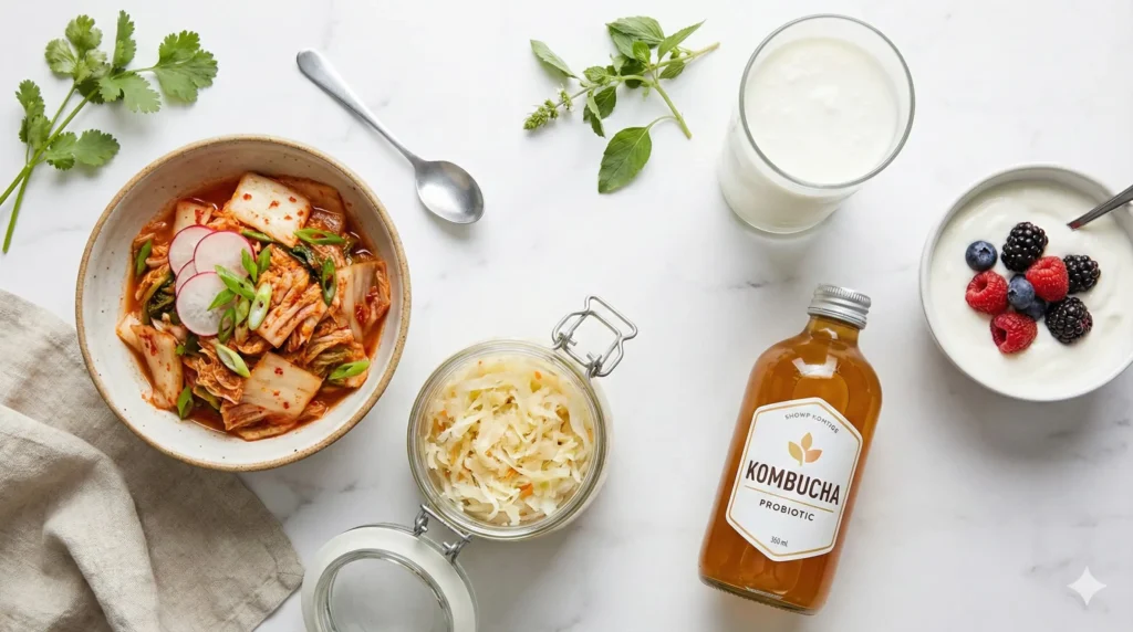 fermented foods probiotic sources including kimchi sauerkraut kefir for gut brain health restoration