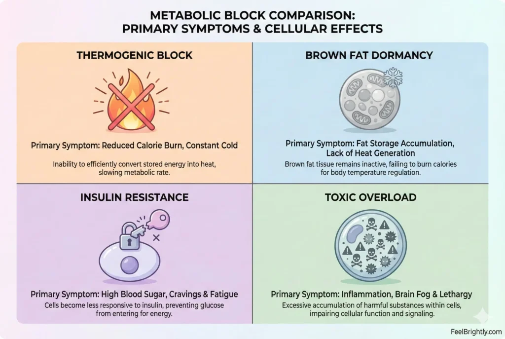 infographic showing 4 metabolic blocks thermogenic resistance brown fat insulin resistance toxin accumulation