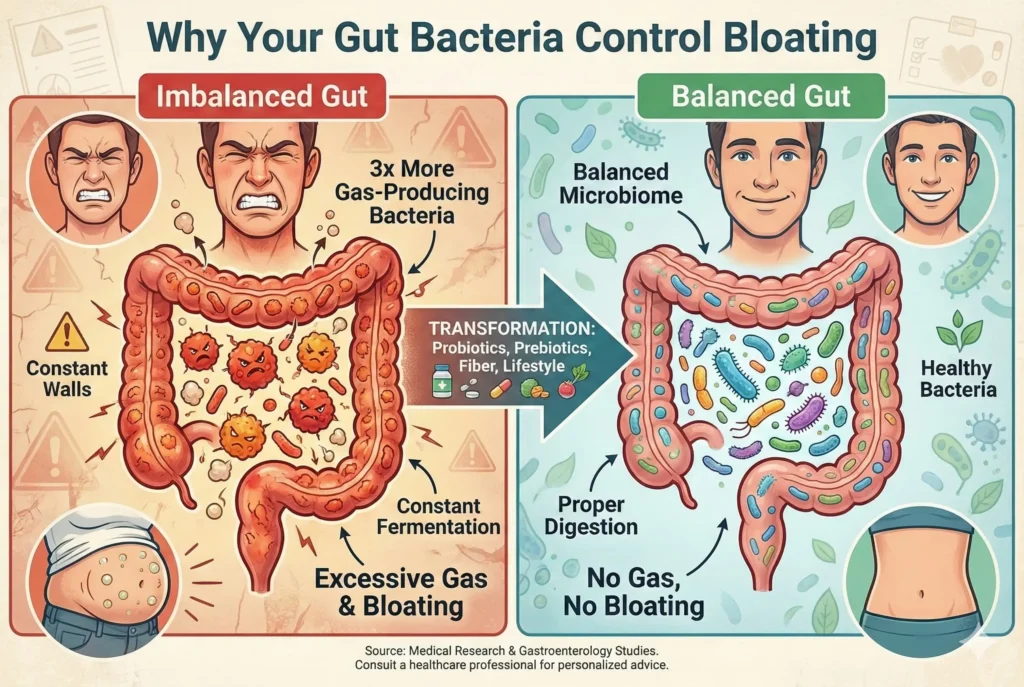 diagram showing how gas-producing bacteria ferment food causing bloating and distension