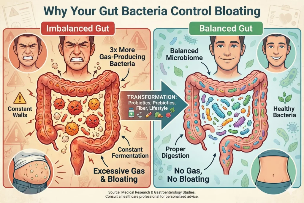 comparison showing imbalanced gut bacteria causing bloating versus balanced gut bacteria with flat comfortable belly