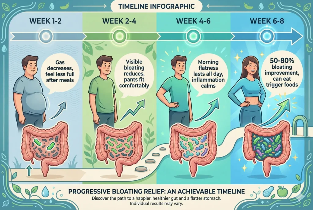 timeline showing progressive bloating reduction over 8 weeks from rebalancing gut bacteria with probiotics