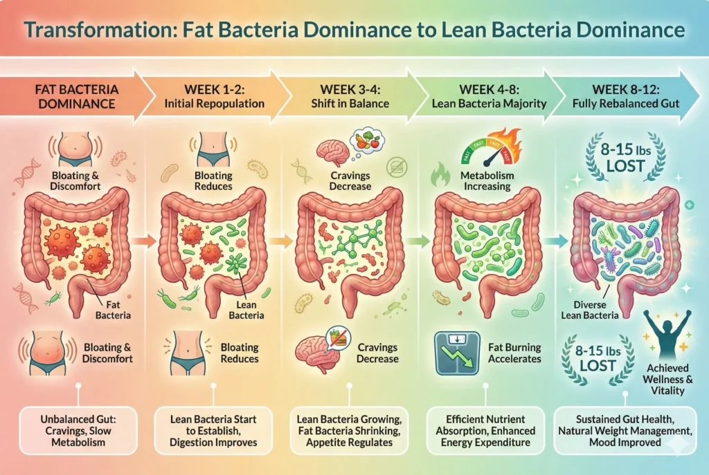 process showing how rebalancing gut bacteria from fat to lean supports weight loss