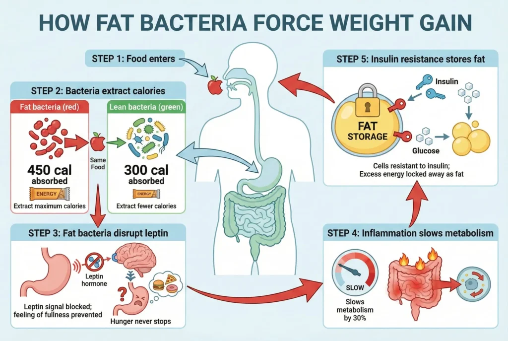 diagram showing how fat bacteria in gut cause weight gain and metabolism problems