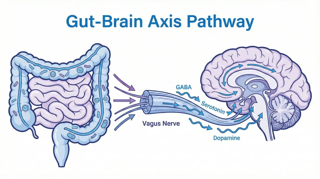 Diagram illustrating the gut–brain axis showing how gut microbes influence the brain through neurotransmitters and the vagus nerve