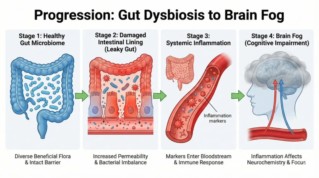 Four-stage infographic showing the progression from gut dysbiosis to leaky gut, inflammation, and brain fog