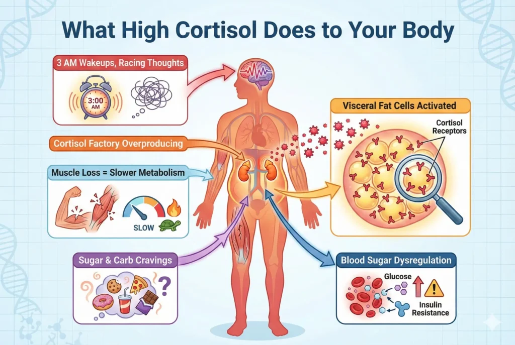 illustration showing how high cortisol from poor sleep causes belly fat storage muscle breakdown and sugar cravings