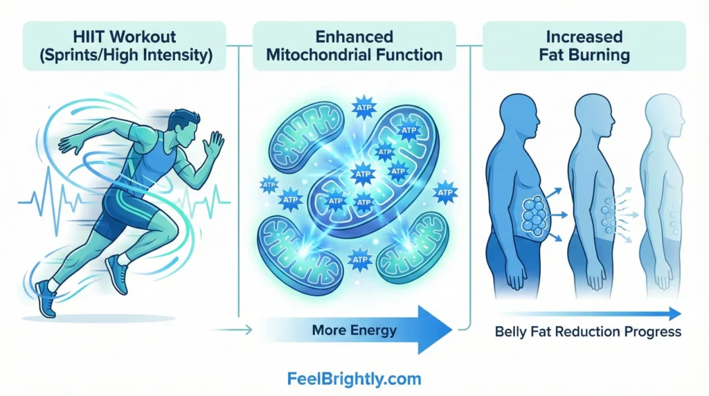 Illustration showing HIIT increasing mitochondrial efficiency and helping reduce belly fat.