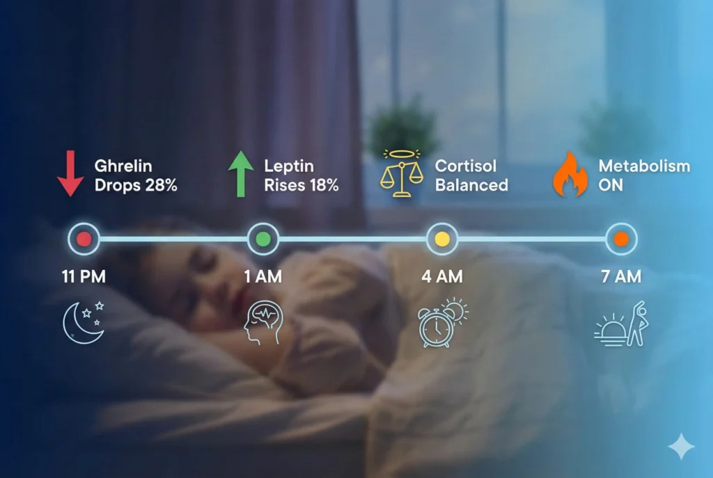 timeline showing how sleep resets hunger hormones ghrelin and leptin for weight loss overnight