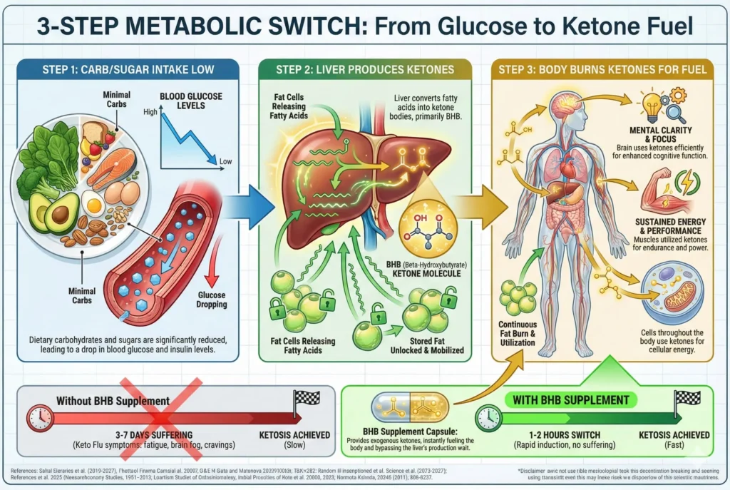 illustration showing metabolic switch from glucose burning to ketosis fat burning with BHB ketones supplementation