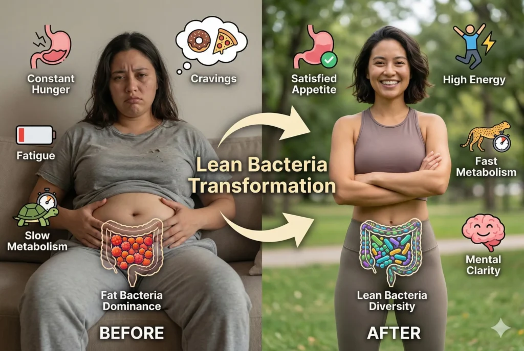 before and after showing weight loss results from rebalancing gut bacteria