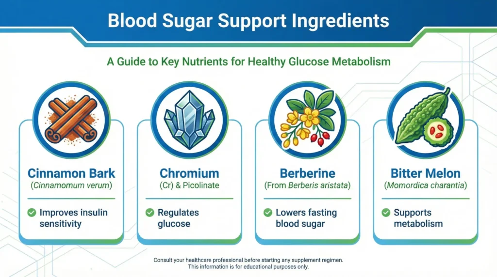 Infographic showing LeanBliss key ingredients including cinnamon bark, chromium, berberine, and bitter melon with their blood sugar benefits
