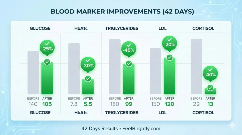 Chart-style illustration summarizing biomarker changes over a six-week wellness protocol (example presentation)