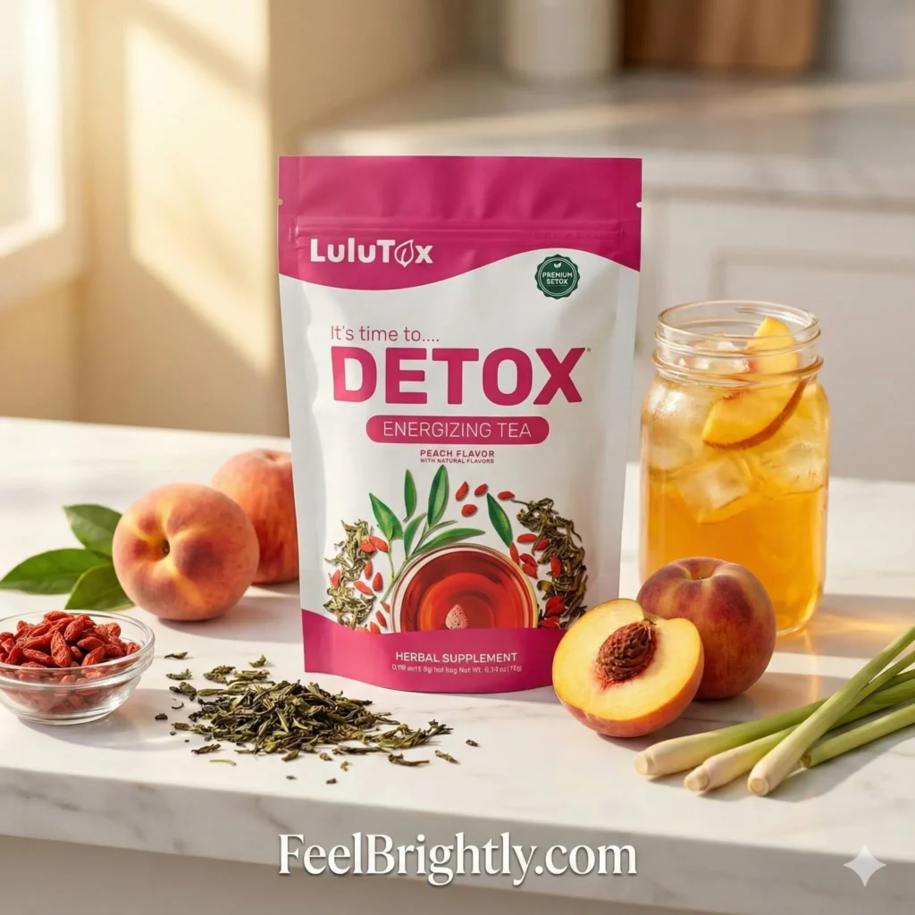 Lulutox Detox Tea pink package with energizing tea peach flavor and natural herbal ingredients