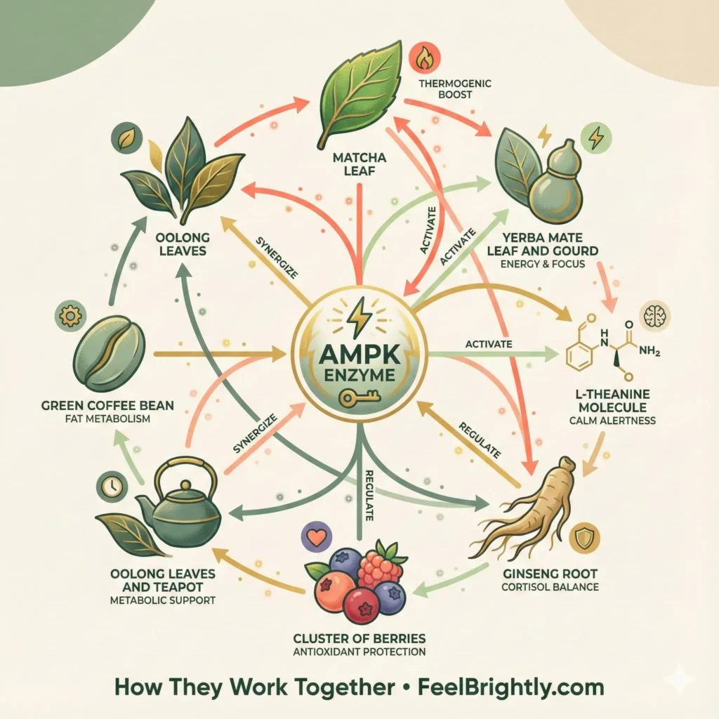 Circular diagram illustrating how multiple ingredients may support overlapping metabolism-related pathways