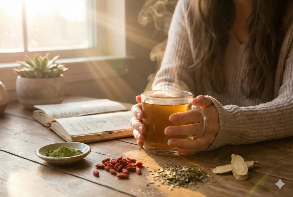 Cozy morning wellness ritual: hands holding warm tea in a glass mug with steam on a wooden table with sunrise light