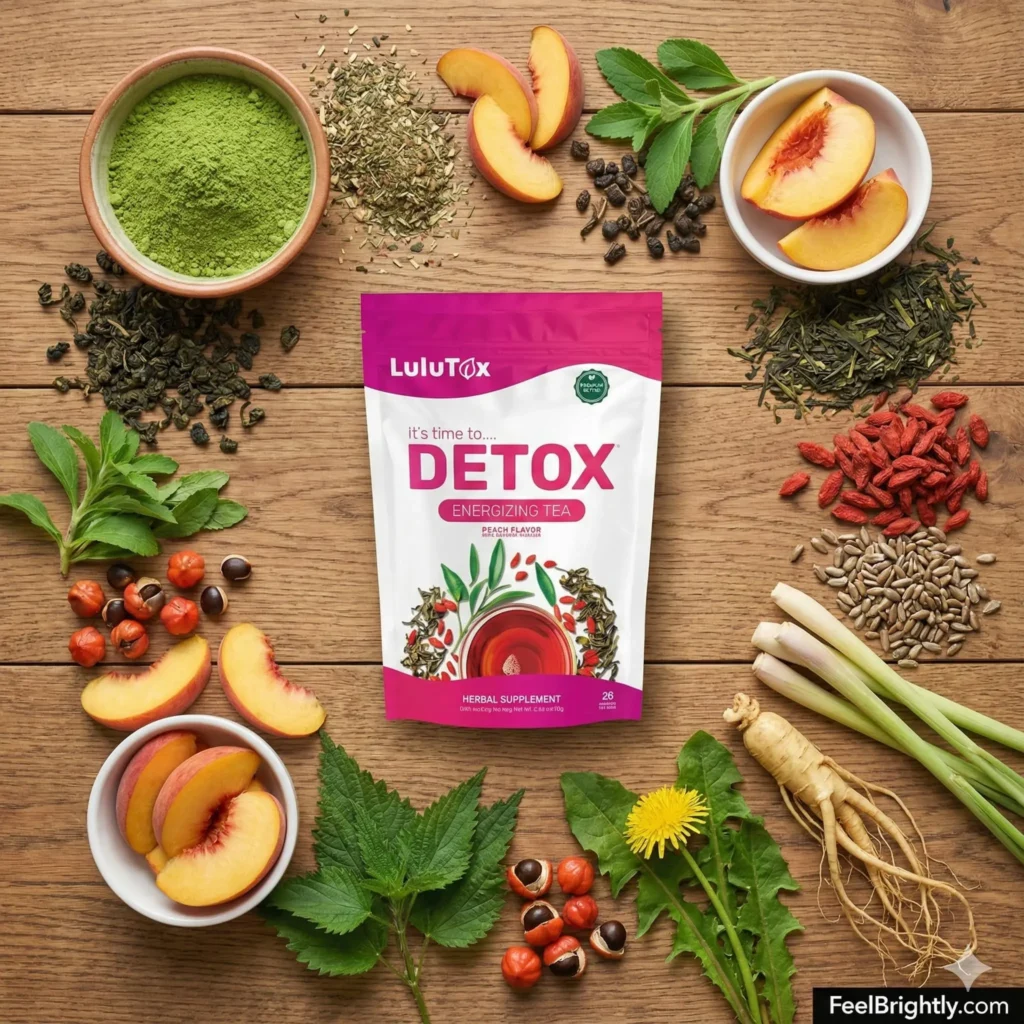 Lulutox Detox Tea herbal supplement ingredients including green tea leaves goji berries and peach
