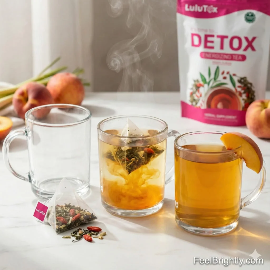 Lulutox Detox Tea pyramid bag brewing in glass with golden peach colored tea