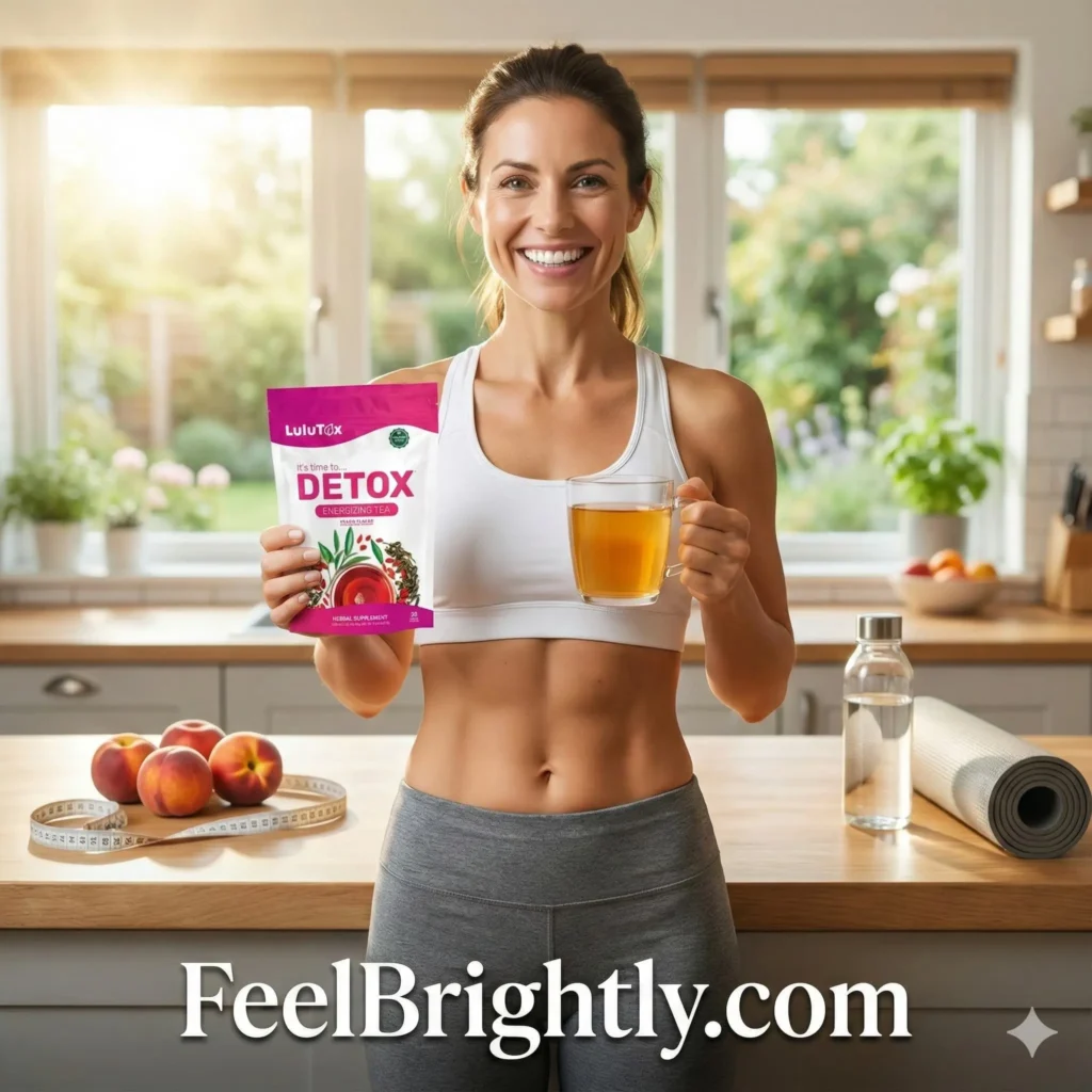 Fit woman with flat stomach holding Lulutox Detox Tea showing weight loss and energy results