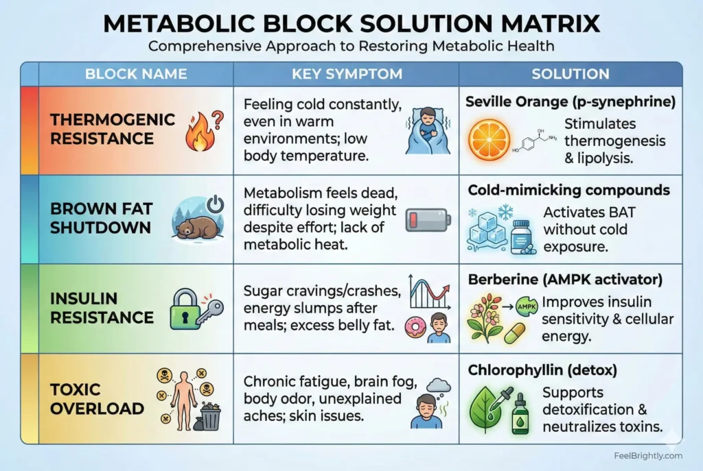 chart showing 4 metabolic blocks with corresponding supplement solutions and mechanisms of action