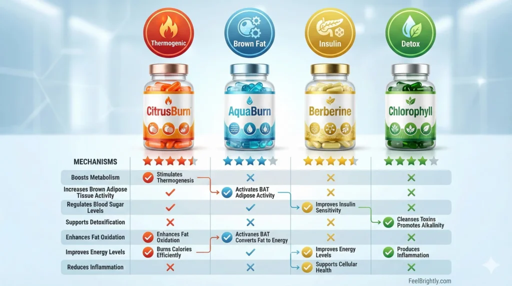comparison chart showing best metabolism supplements citrusburn aquaburn berberine chlorophyll for weight loss after 35