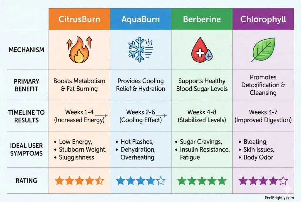 side by side comparison chart showing mechanisms benefits and results for metabolism supplements