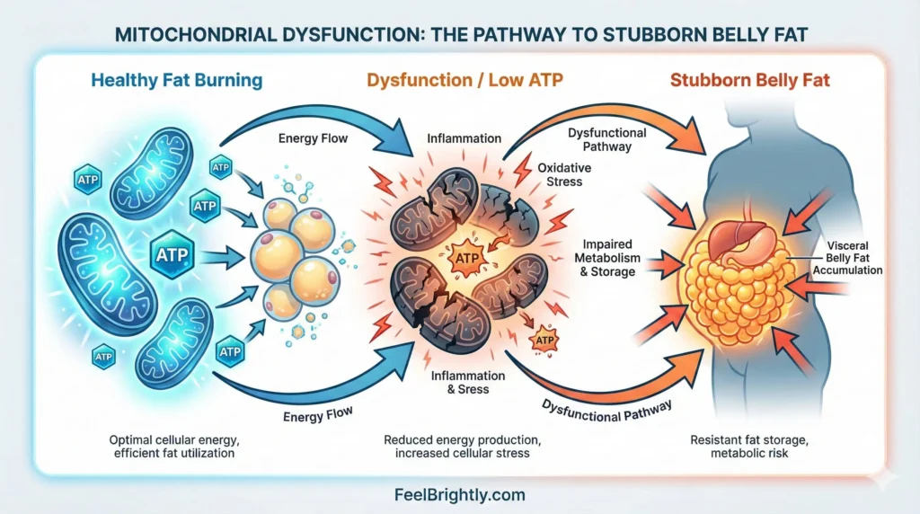 Diagram showing how low ATP from damaged mitochondria leads to visceral stubborn belly fat.
