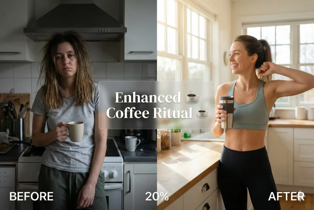 before and after showing enhanced morning coffee routine for weight loss