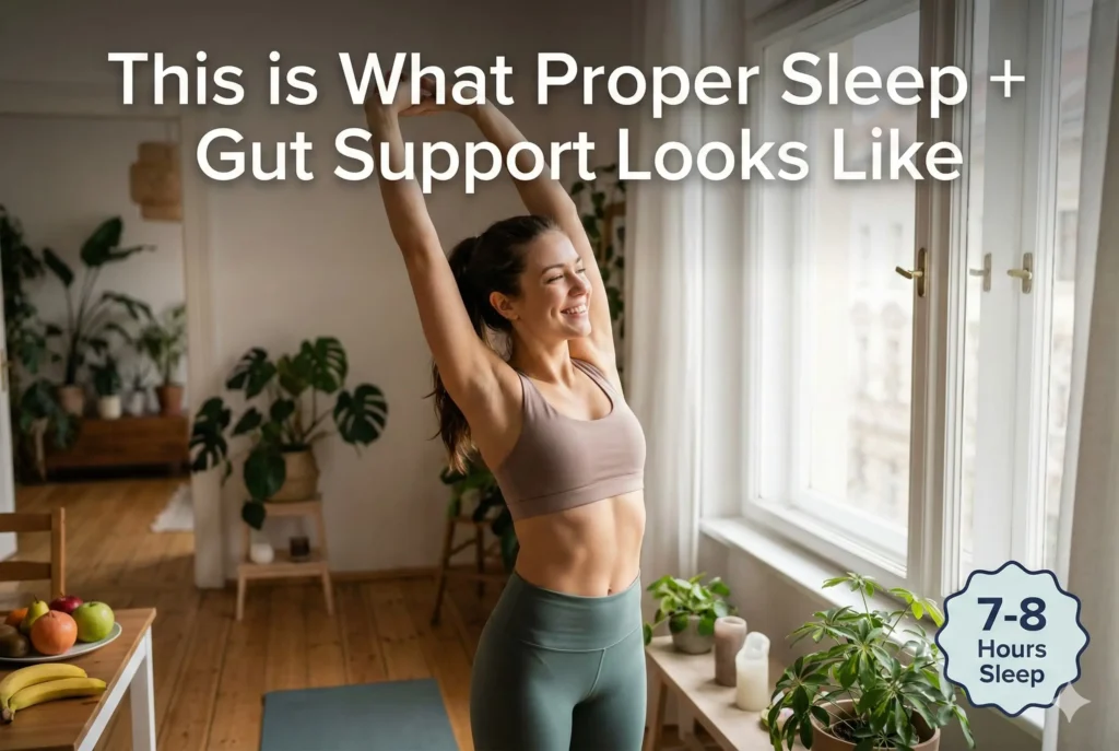 woman with flat belly in morning after good sleep and gut support