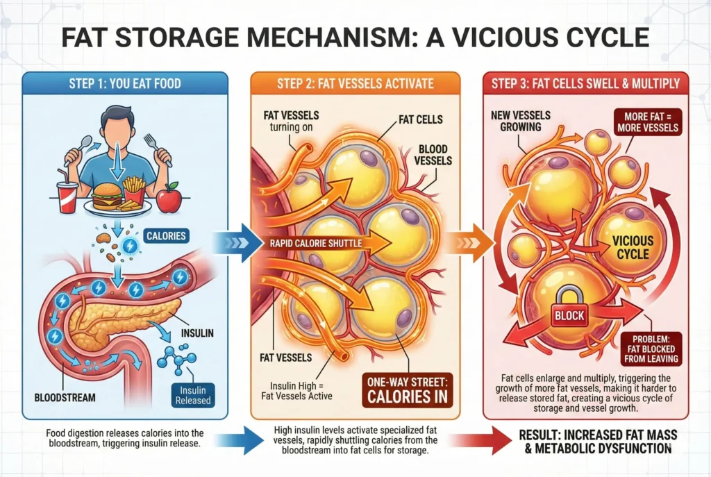 illustration showing how overactive fat vessels shuttle calories directly into fat cells preventing fat loss