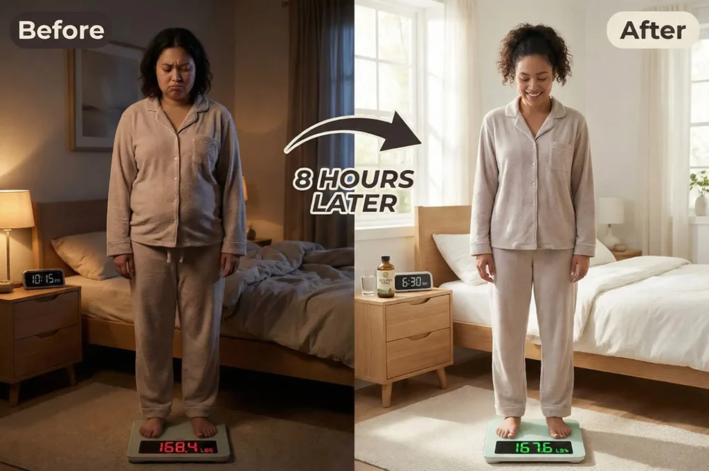 before and after showing person losing weight overnight with proper deep sleep