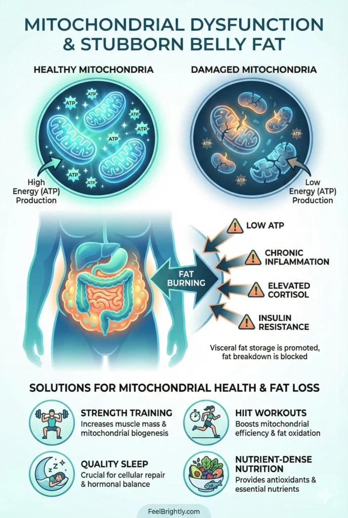 Pinterest graphic showing steps to improve mitochondrial function through training, nutrition and sleep to reduce stubborn belly fat.