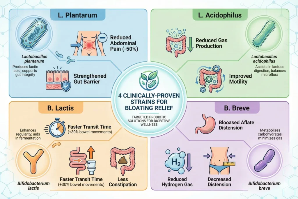illustration showing specific probiotic strains reducing gas production and inflammation for bloating relief