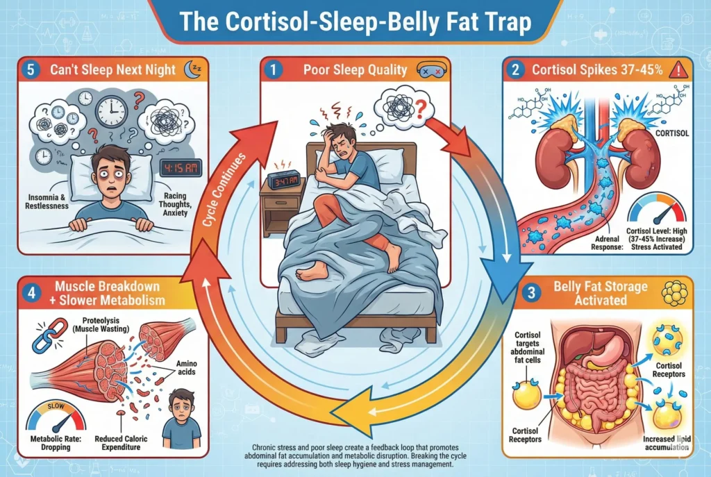 diagram showing how sleep deprivation increases cortisol leading to belly fat storage cycle