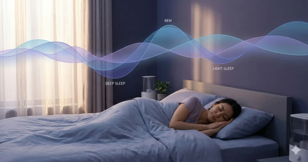Person sleeping peacefully showing deep restorative sleep with sleep stages and quality indicators for waking up energized