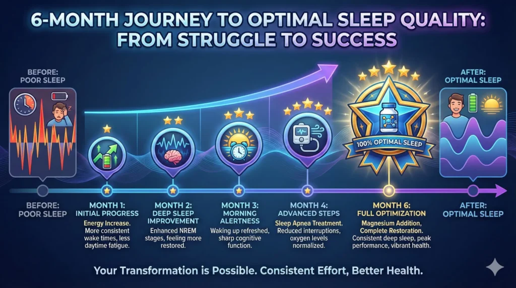 Timeline showing sleep quality improvement journey from poor sleep to restorative rest over 6 months with key interventions marked