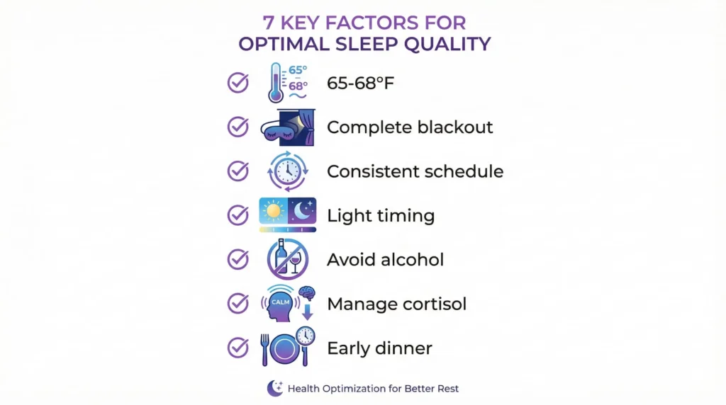 Infographic checklist showing key factors for sleep quality including temperature, darkness, timing, light exposure, and evening routine