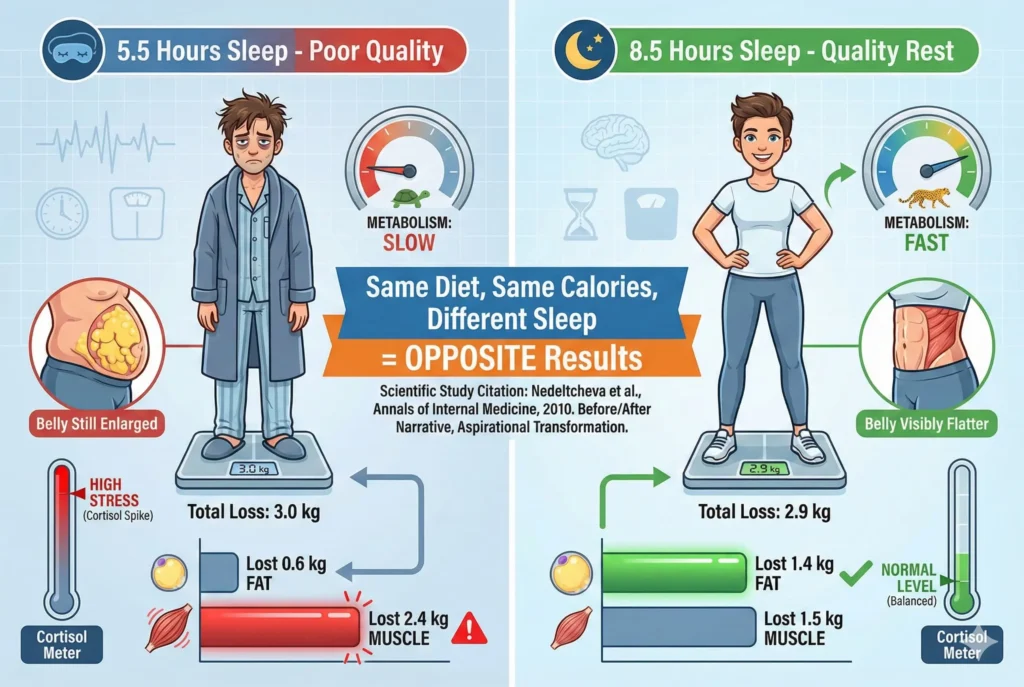 before and after comparison showing poor sleep causes muscle loss while good sleep promotes fat loss