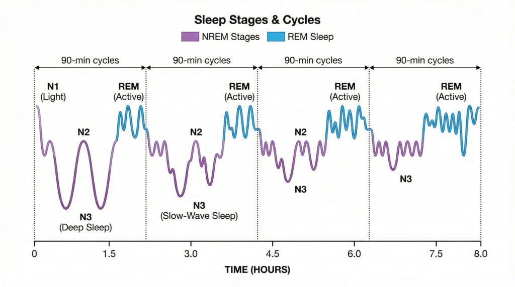 Scientific diagram showing normal sleep architecture with stages N1, N2, N3, and REM sleep cycling through the night with deep sleep early and REM increasing later
