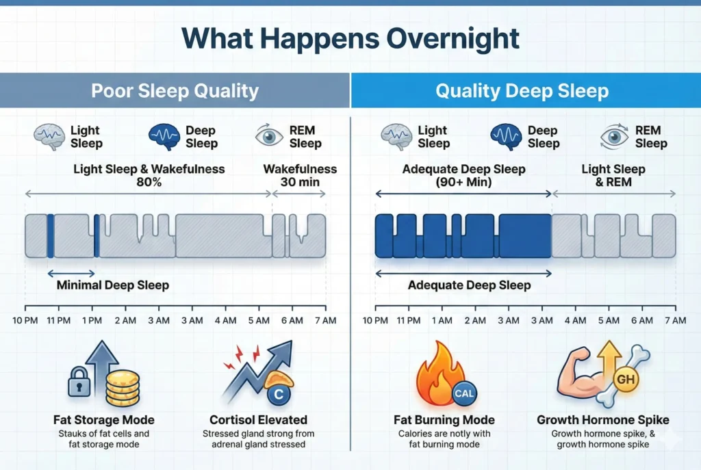 chart showing deep sleep burns fat while poor sleep stores fat overnight