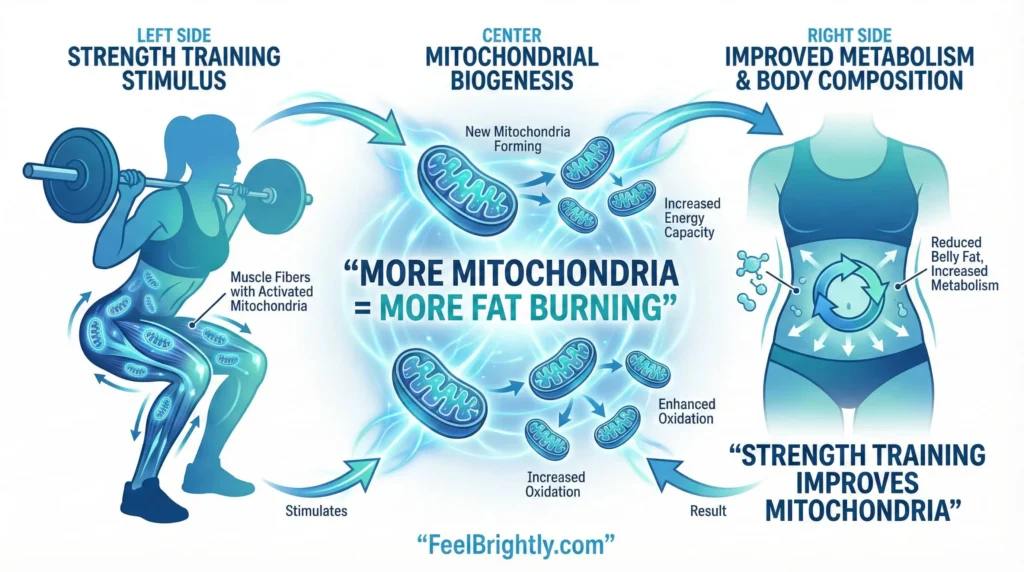 Illustration showing strength training increasing mitochondrial number and improving belly fat reduction.